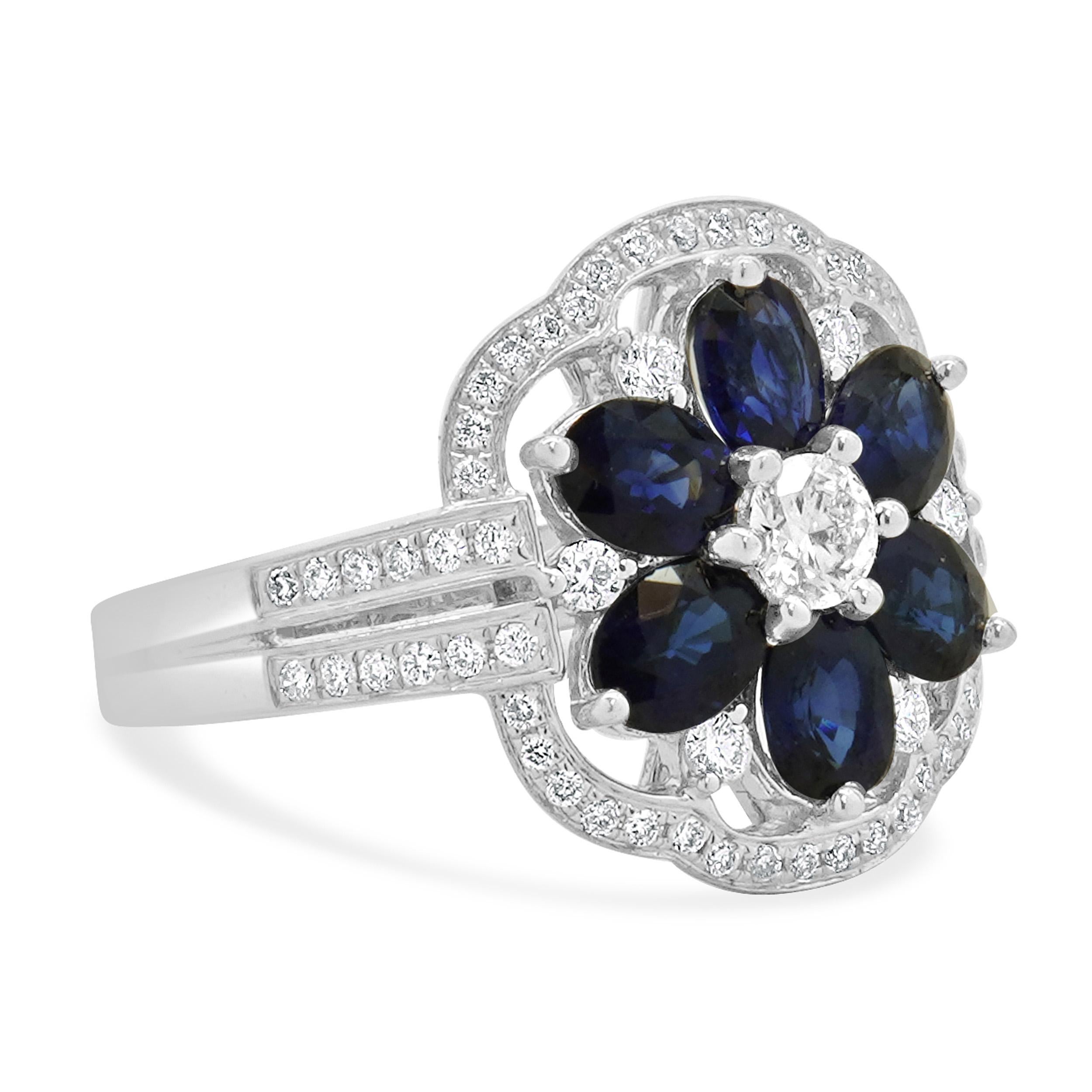 14K Weißgold Saphir und Diamant Blumenring im Zustand „Hervorragend“ im Angebot in Scottsdale, AZ