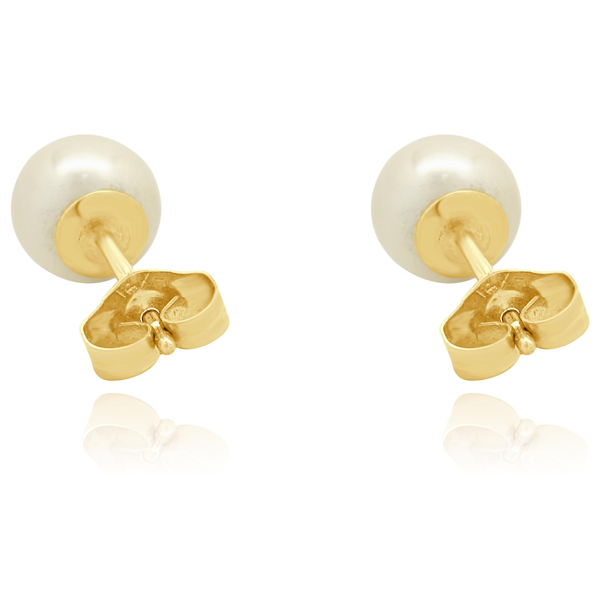 Taille ronde Boucles d'oreilles en or jaune 14 carats avec perles dorées en vente