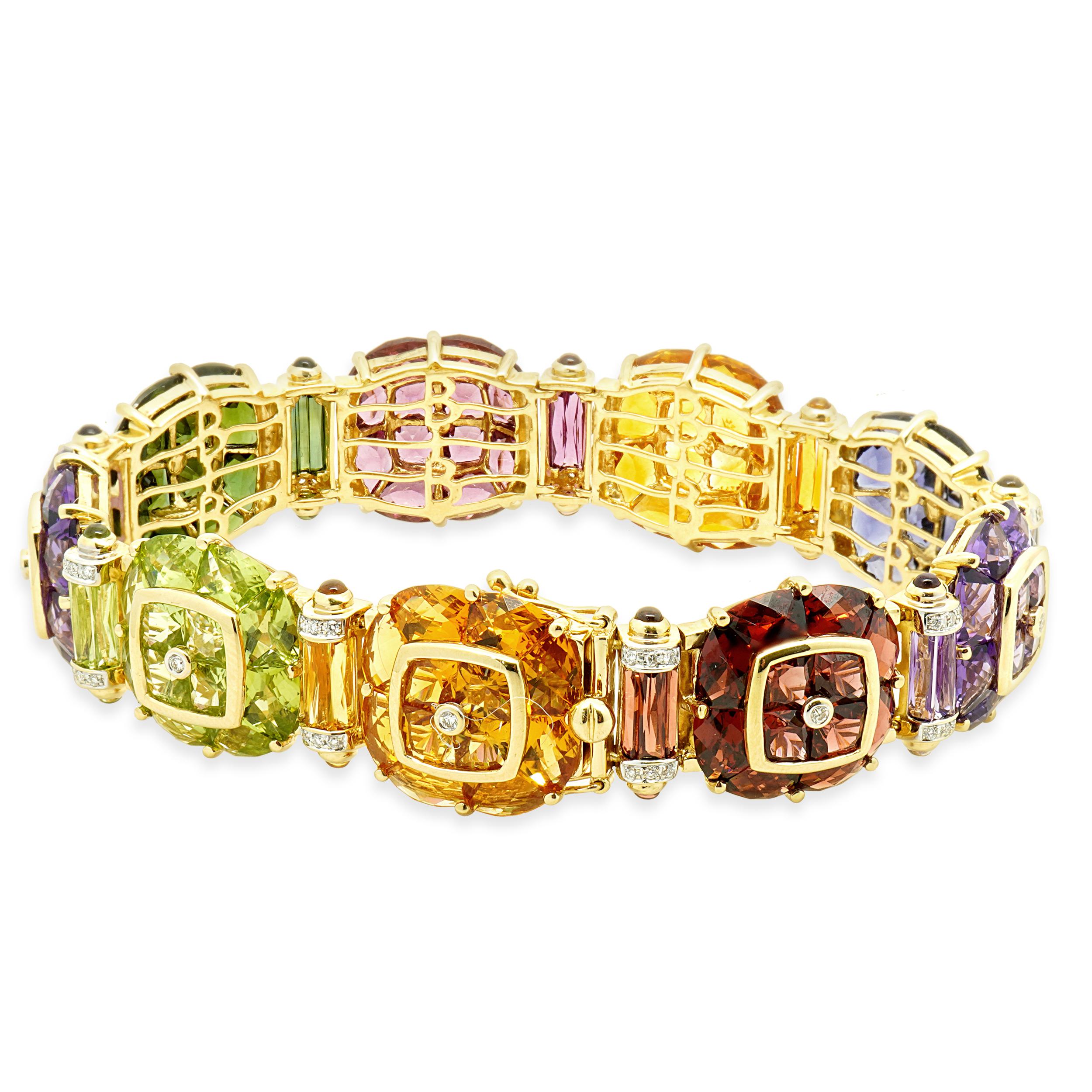 Taille ronde Bellarri Bracelet à maillons en or jaune 18 carats avec pierres multiples et diamants en vente
