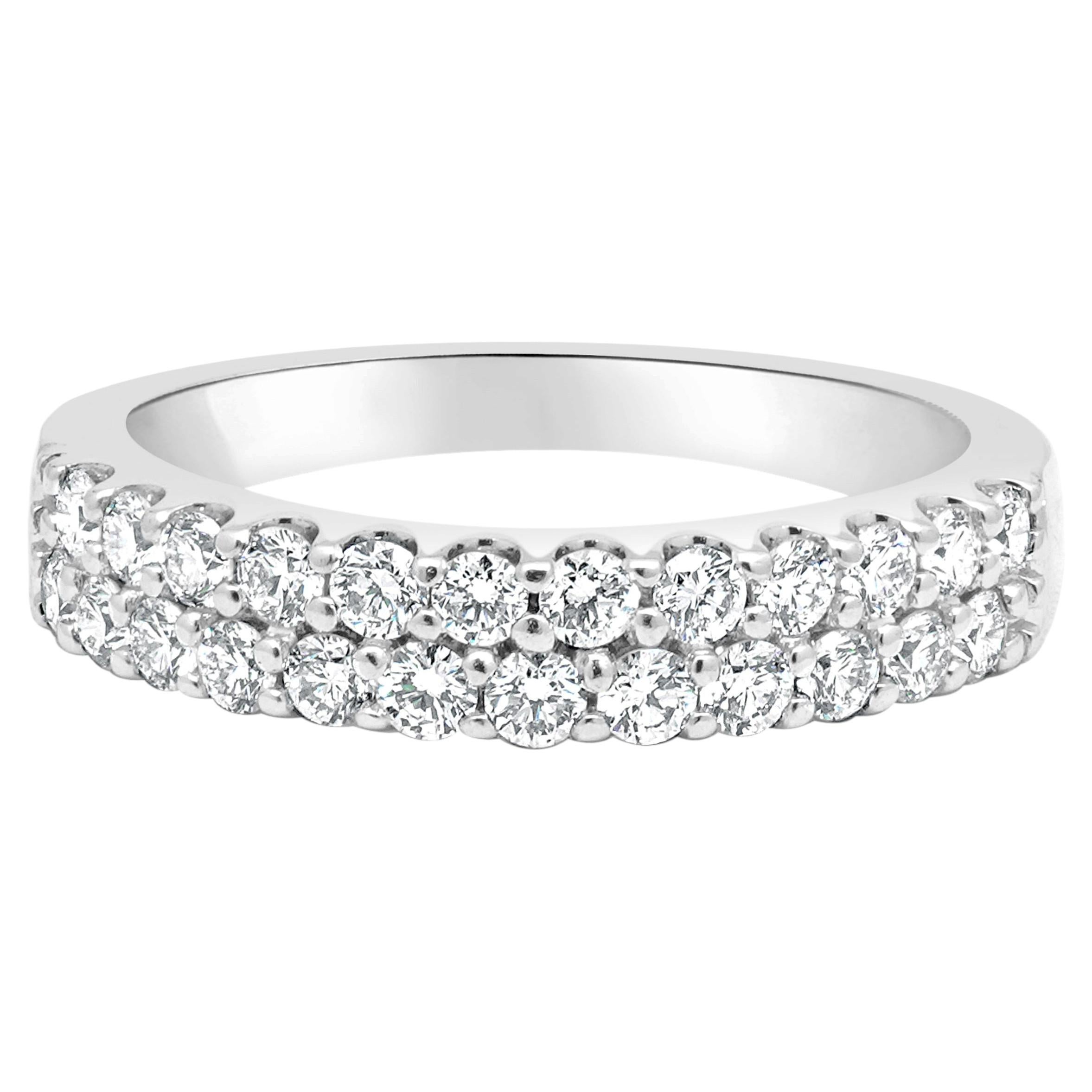 14K White Gold Shared Prong Set Round Diamond 2-Row Wedding Band For Sale