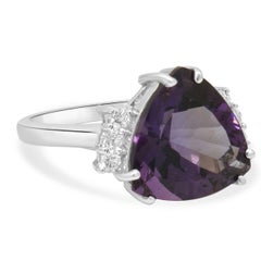 14K White Gold Trillion Cut Amethyst and Round Diamond Accent Ring