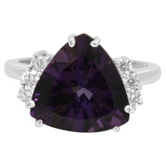 14K White Gold Trillion Cut Amethyst and Round Diamond Accent Ring