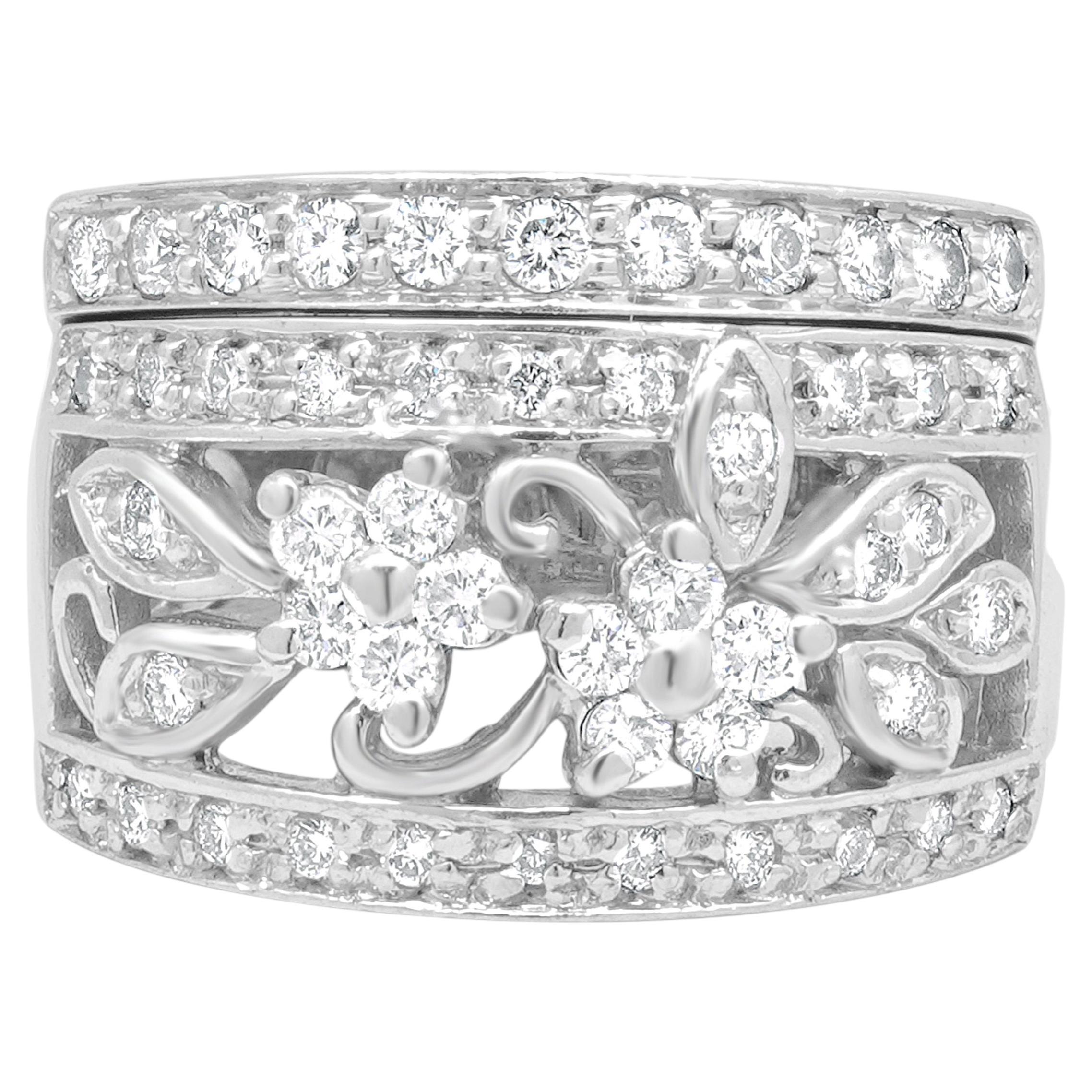 14K White Gold Round Cut Diamond Open Floral Band For Sale