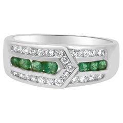 18K White Gold Round Emerald and Round Diamond Ring