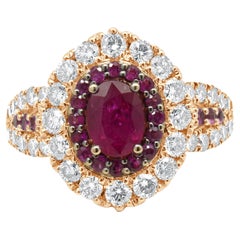 Bague LeVian en or rose 14 carats, avec rubis et diamants ronds en halo