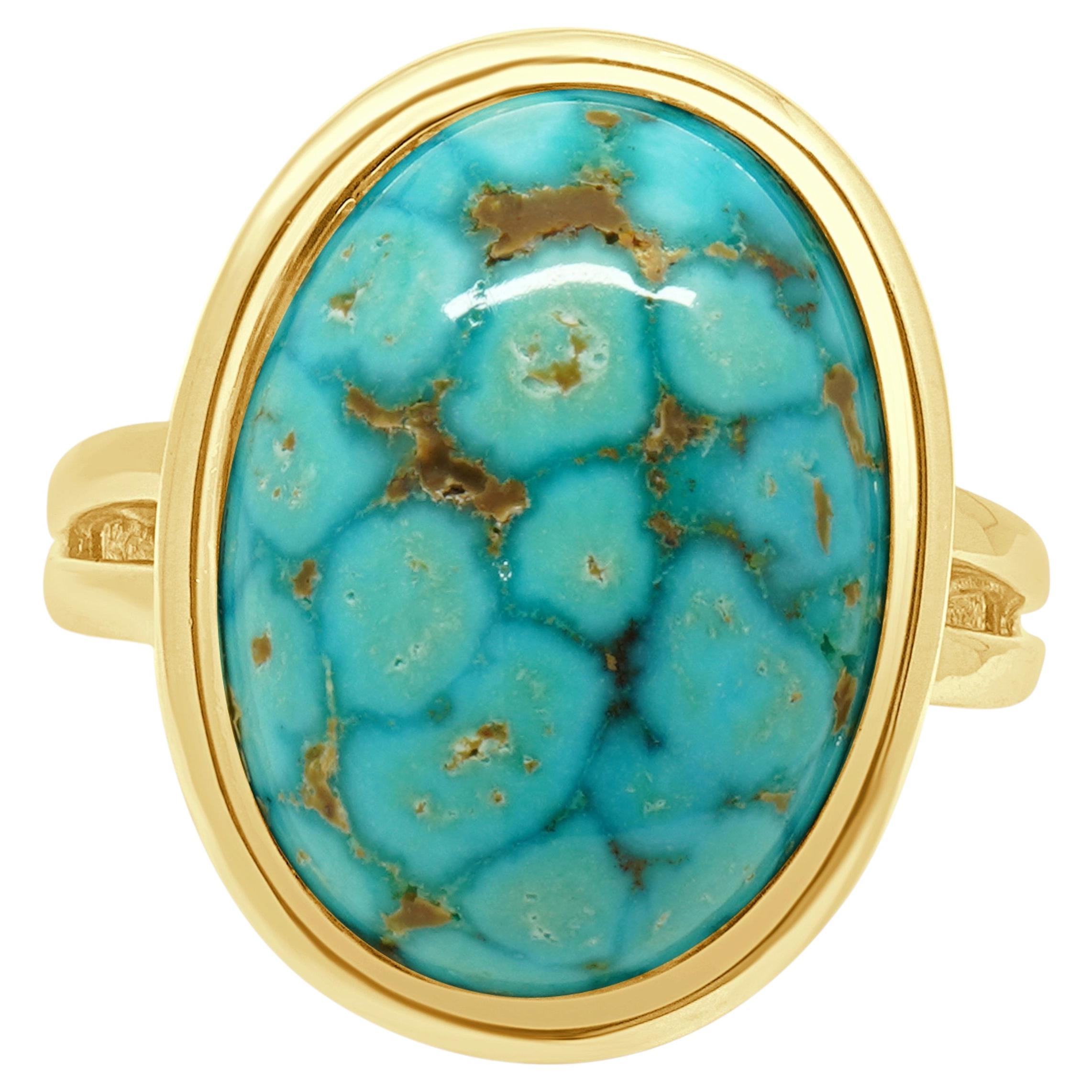 14K Yellow Gold Bezel Set Oval Cabochon Cut Turquoise Solitaire Ring