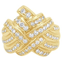 18K Yellow Gold Round Diamond Basket Weave Ring