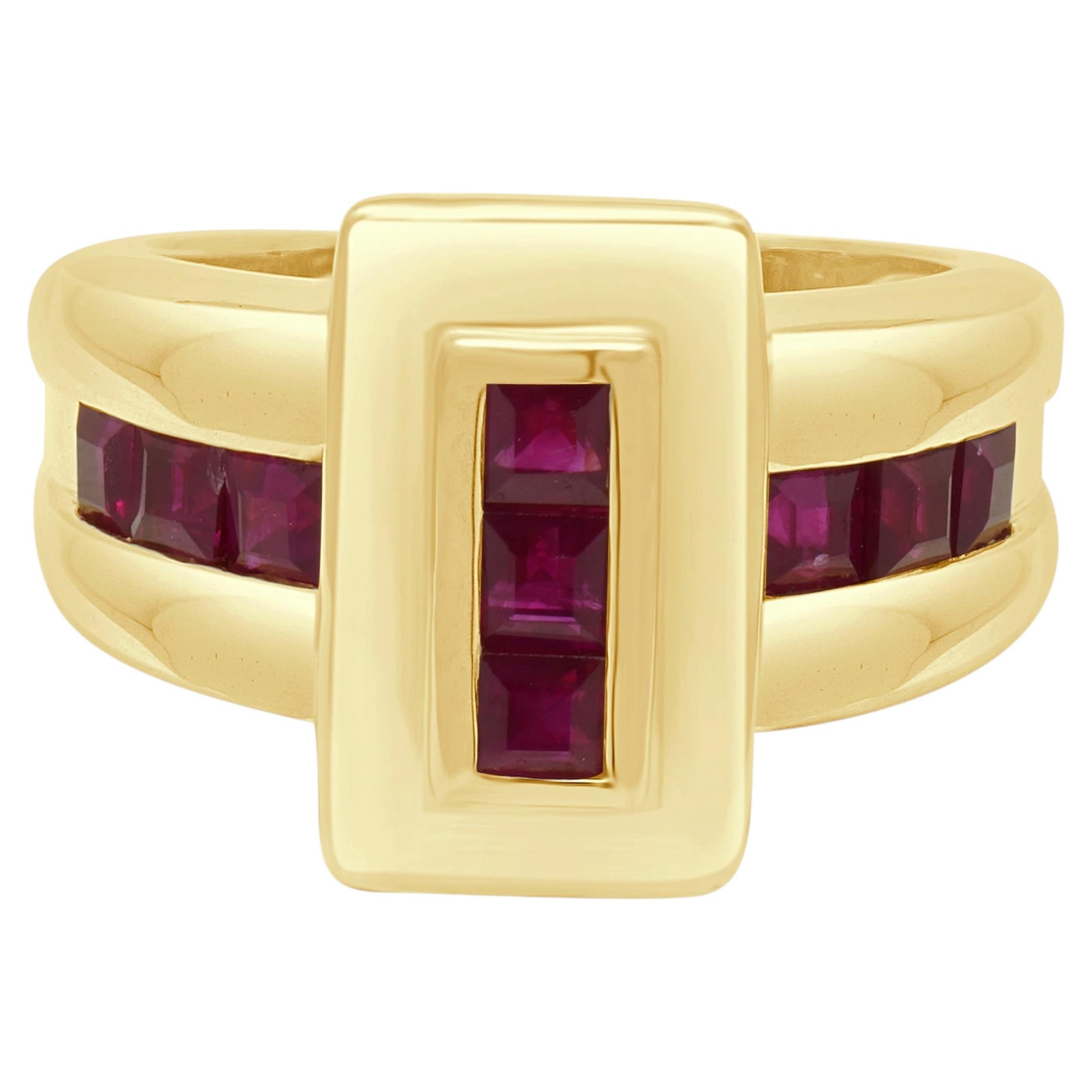 18K Yellow Gold Channel Set Square Ruby Ring For Sale