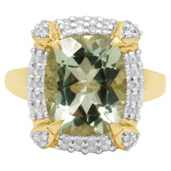 14K Yellow Gold Elongated Cushion Cut Praisiolite and Round Diamond Halo Ring
