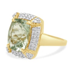 14K Yellow Gold Elongated Cushion Cut Praisiolite and Round Diamond Halo Ring