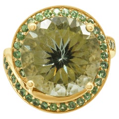 14K Yellow Gold Praisiolite and Tsavorite Garnet Round Swirl Cocktail Ring