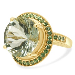14K Yellow Gold Praisiolite and Tsavorite Garnet Round Swirl Cocktail Ring