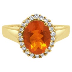14K Yellow Gold Oval Cut Fire Opal and Round Diamond Halo Ring