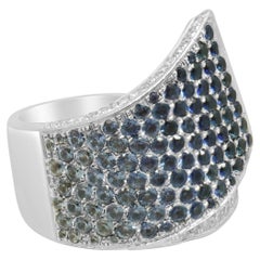 14K White Gold Blue Sapphire and Round Diamond Scarf Ring