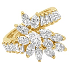 18K Yellow Gold Marquise and Baguette Cut Diamond Cluster Bypass Ring