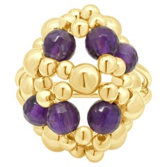 18K Yellow Gold Round Faceted Amethyst Beaded Ring