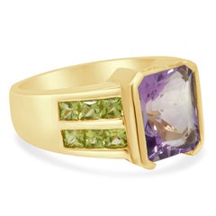 14K Yellow Gold Emerald Cut Amethyst and Square Cut Peridot Two-Row Ring