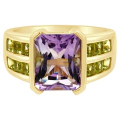 14K Yellow Gold Emerald Cut Amethyst and Square Cut Peridot Two-Row Ring