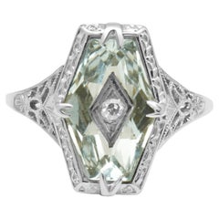 18K White Gold Hexagon-Shaped Aquamarine and Diamond Art Deco Ring