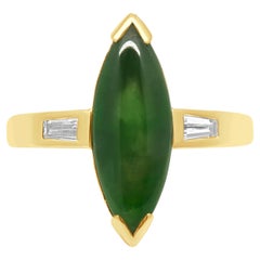18K Yellow Gold Marquise Cabochon Cut Jade and Tapered Baguette Cut Diamond Ring