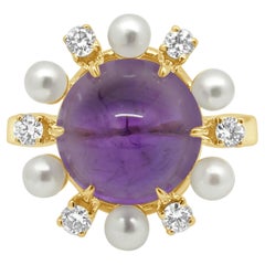 18K Yellow Gold Cabochon Cut Amethyst, Pearl, and Round Diamond Halo Ring