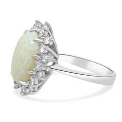 14K White Gold Oval Cabochon Cut White Opal and Round Diamond Halo Ring