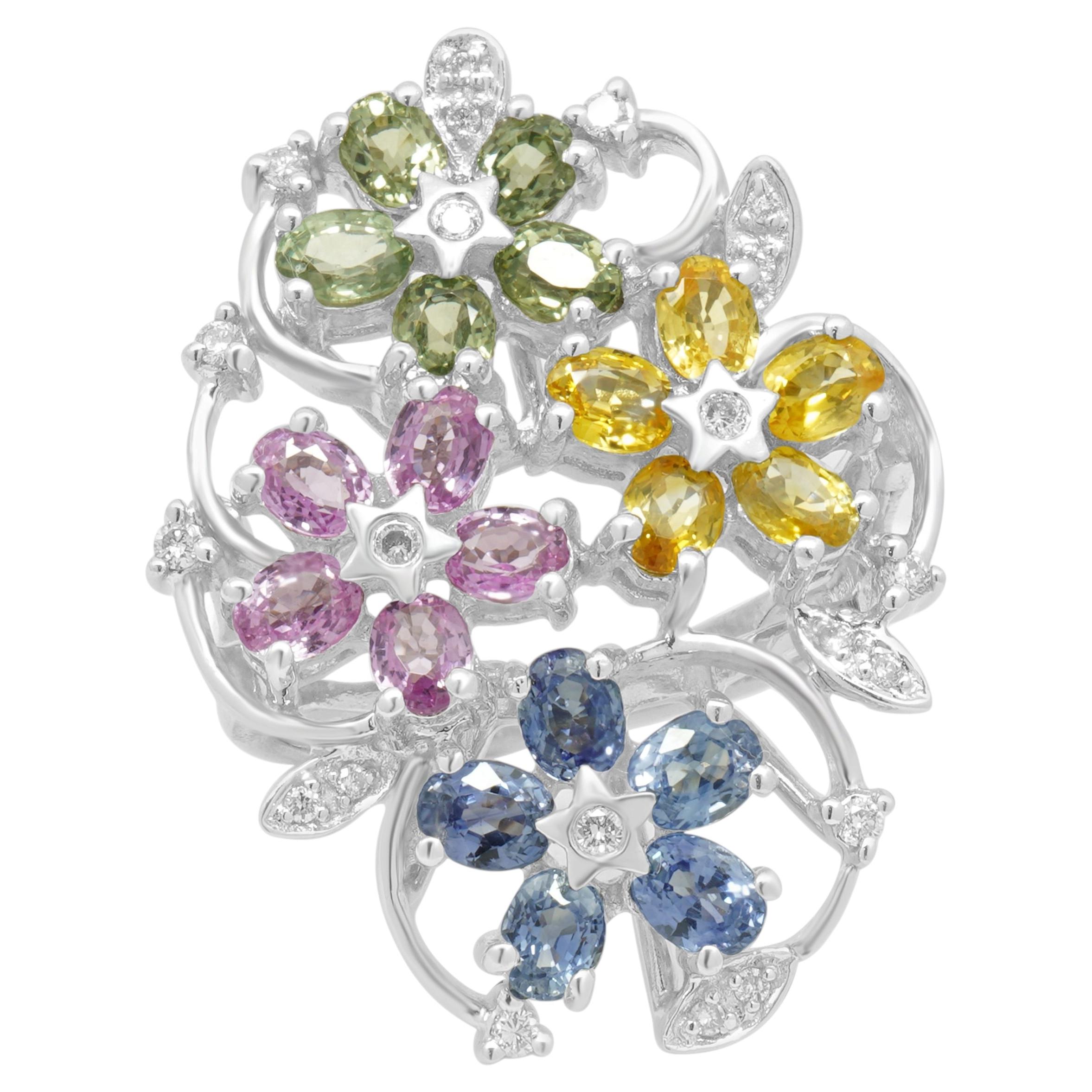Anello a forma di mazzo di fiori in oro bianco 14 carati con pietre preziose assortite e diamanti in vendita