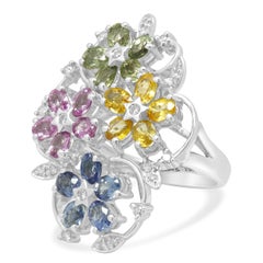 14K White Gold Multi-Gemstone and Diamond Flower Bouquet Ring