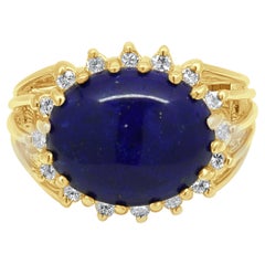 14K Yellow Gold Oval Cabochon Cut Lapis and Round Diamond Halo Ring