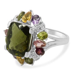 14K White Gold Multi-Gemstone and Diamond Halo Ring