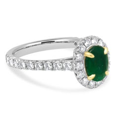 14K White Gold Oval Cut Emerald and Round Diamond Halo Ring