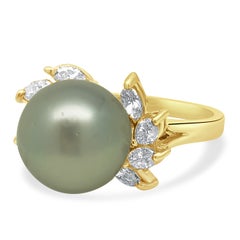 14K Yellow Gold Round Black Tahitian Pearl and Marquise Cut Diamond Accent Ring