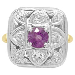 14K Two-Tone Yellow and White Gold Round Pink Sapphire Ring with Diamond Accents