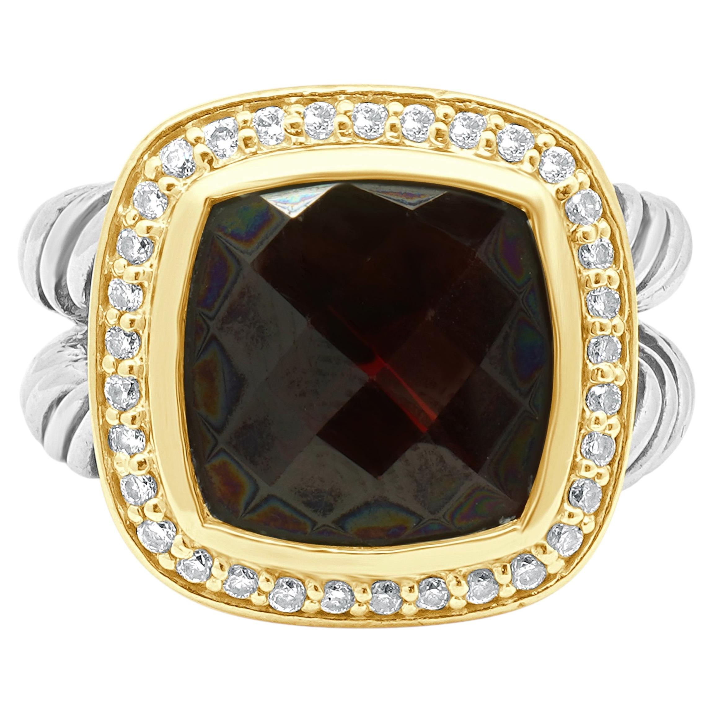 David Yurman Sterling Silver and 18K Yellow Gold Checkerboard Cushion Cut Garnet For Sale