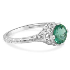 14K White Gold Round Green Tourmaline Solitaire Hand-Engraved Ring
