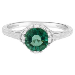 14K White Gold Round Green Tourmaline Solitaire Hand-Engraved Ring