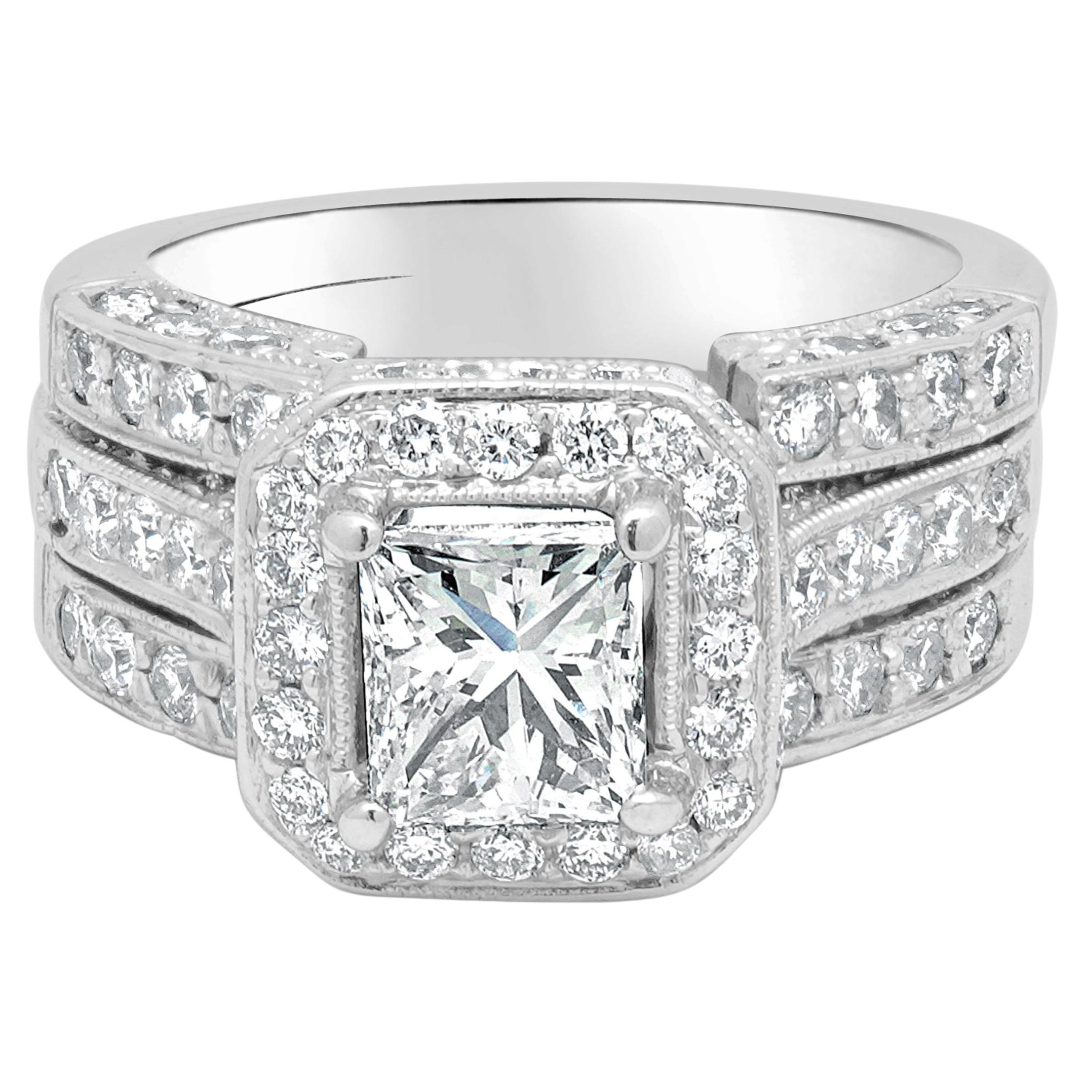 18K White Gold Princess Cut and Round Diamond Halo Wedding Set For Sale