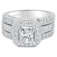 18K White Gold Princess Cut and Round Diamond Halo Wedding Set
