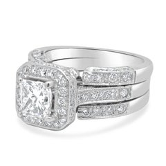 18K White Gold Princess Cut and Round Diamond Halo Wedding Set