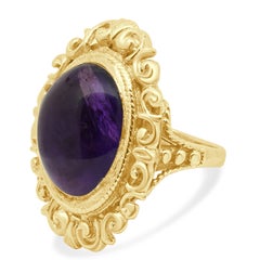 14K Yellow Gold Oval Cabochon Cut Amethyst Scroll Halo Ring