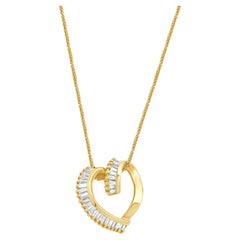 18K Yellow Gold Prong Set Baguette Cut Diamond Open Heart Pendant Necklace 17.75