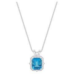 14K White Gold Emerald Cut Blue Topaz and Round Diamond Halo Pendant Necklace 18
