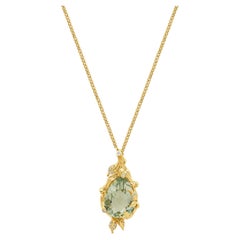 18K Yellow Gold Pear Cut Prestolite and Round Diamond Accent Foliate Pendant Ne