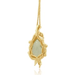 18K Yellow Gold Pear Cut Prestolite and Round Diamond Accent Foliate Pendant Ne