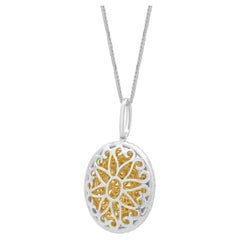 14K Two-Tone White and Yellow Gold Round Diamond Oval-Shaped Cluster Pendant Nec