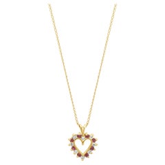 14K Yellow Gold Alternating Round Ruby and Round Diamond Open Heart Pendant