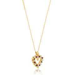 14K Yellow Gold Alternating Round Ruby and Round Diamond Open Heart Pendant