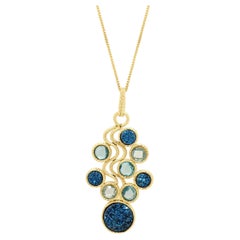 MILOR 14K Yellow Gold Faceted Round Blue Topaz and Blue Druzy Quartz Pendant Nec