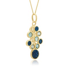 MILOR 14K Yellow Gold Faceted Round Blue Topaz and Blue Druzy Quartz Pendant Nec