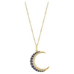 18K Yellow Gold Round Blue Sapphire and Round Diamond Crescent Moon Pendant Neck